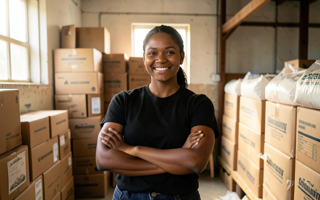 Annabel, founder of Kazi Flour, in her packaging warehouse
