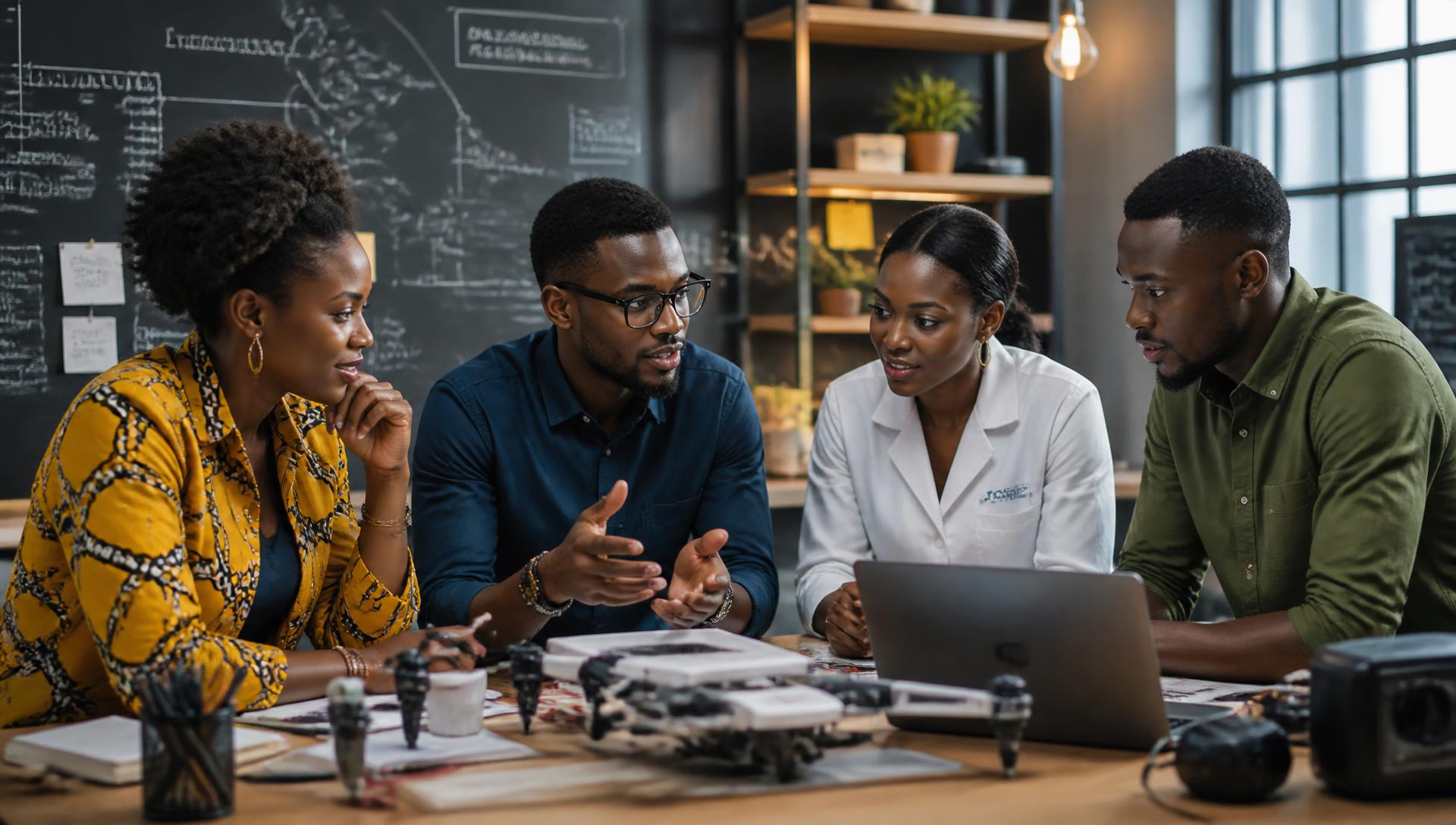 Young African researchers and founders collaborating in an innovation lab